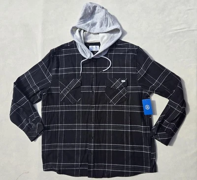 Hurley Flannel Shirt Mens 2XL Black Gray Plaid Hooded Button Up Skate Streetwear - Image 1 of 4