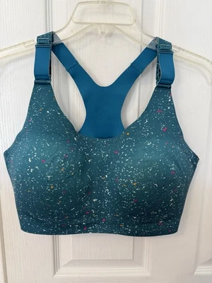 Sujetador deportivo Brooks Dare Racerback 2.0 para mujer azul talla 38DD estampado de motas Lagoon Foto 1 de 4