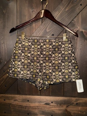 Forever 21 NUEVO Mujer Talla S Pantalones Cortos Pequeños Dorado Negro Rosa Brocado Cintura Alta Foto 1 de 4