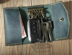 men women card wallet purse key case ring holder cow Leather pouch bag blue 821 - Picture 1 of 4
