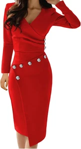 Women's Deep V Neck Bodycon Midi Dress for Casual Work and Parties - Picture 1 of 12