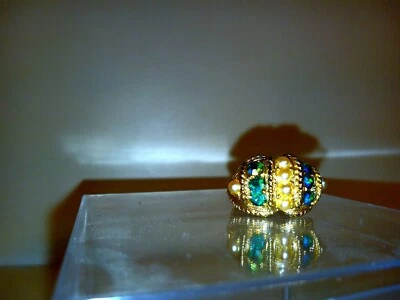 Anillo gema perlas diamantes de imitación vintage hecho a mano por Uncas Mfg Co banda ajustable Foto 1 de 4