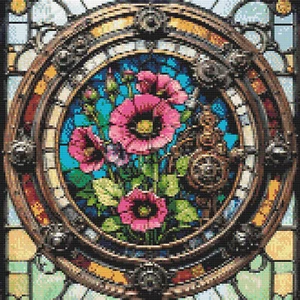 Hollyhocks and Stained Glass, Steampunk Style. PatternKeeper compatible PDF. - Picture 1 of 4