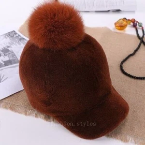 Women Girl Shorn Sheepskin Wool Fur Pom Pom Hat Baseball Cap Winter Warm Lovely - Picture 1 of 33