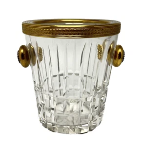 Estate French Cut Crystal Ice Bucket Embossed Gold Rim Handles Round Heavy - Picture 1 of 14