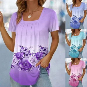 Womens Floral Short Sleeve Tunic Tops Blouse Square Neck Casual T-Shirt Pullover - Picture 1 of 18