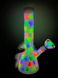 9.75” Premium Glass Water Pipe Beaker Glow in the Dark Paw Prints 14mm - Picture 1 of 2