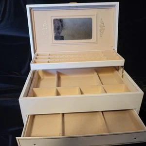 Vintage MELE Beige Jewelry Box Chest 3 Tiered Off White Velvet Lined Used, As Is - Picture 1 of 9