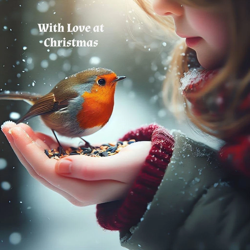 RUTH ART DESIGN With Love at Christmas Robin Folded Greeting Card, Blank, and Envelope. New