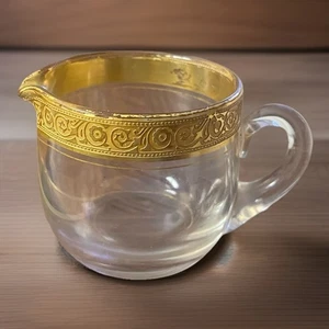VINTAGE GOLD RIMMED CLEAR GLASS CREAMER 3"H X 4.5" W - Picture 1 of 5