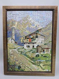 Vintage Glass Mosiac Art Mountain Landscape Chalet - Picture 1 of 21