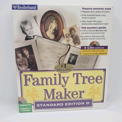 Family Tree Maker Standard Edition III Windows 95 3.1 CD-ROM Broderbund V4 Seald - Image 1 of 4