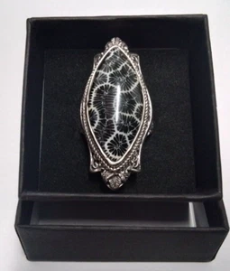 Sarda Sterling Silver and Fossilized Black Coral Marquis Stone Ring - Size 6.75 - Picture 1 of 5