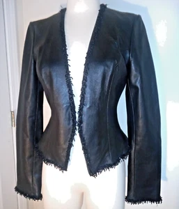 Cache Black 100% Leather Lined Cropped Jacket Beaded Fringe Open Front Sz 6 Vtg - Picture 1 of 5