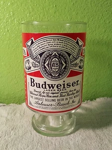 TAZA DE VIDRIO CON ETIQUETA BUDWEISER CERVEZA ANHEUSER-BUSCH DIFÍCIL DE ENCONTRAR PIEDRA SIN MANGO - Imagen 1 de 1