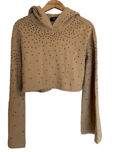 Blumarine Tan Cropped Crystal Embellished Flare Sleeve Hoodie Size 4 - Picture 1 of 13