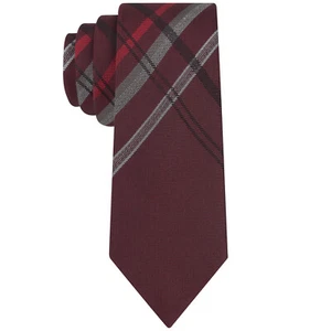 KENNETH COLE REACTION Maroon Red Gray Twill Ground Grid Silk Blend Slim Tie - Picture 1 of 3