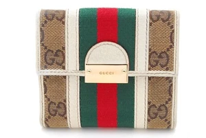 GUCCI Bifold Wallet Purse Coin Case Sherry Line GG Canvas Leather White JAPAN - Picture 1 of 11