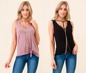 Sexy V Neck Knot Tie Front T Strappy Low-cut Flowy Casual Solid Tank Top Blouse - Picture 1 of 6