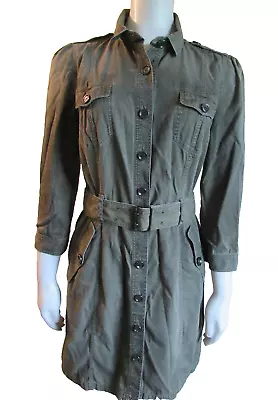 BURBERRY Denim Shirt Dress US 8 Military Belted Trench Safari Check Trim Khaki - Image 1 of 4