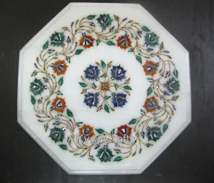 14 Inches Marble End Table Top Semi Precious Stone Inlay Work Coffee Table Top - Picture 1 of 5