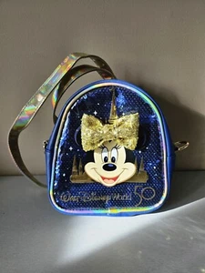 Walt Disney World 50th Anniversary Minnie Mouse Sequined Crossbody Bag Blue Gold - Picture 1 of 6