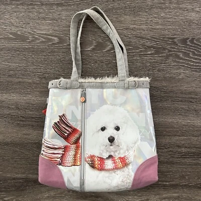 Fuzzy Nation Bichon Dog Medium Tote Bag Purse Fur Lined Iridescent Graphic Knit - Image 1 of 4