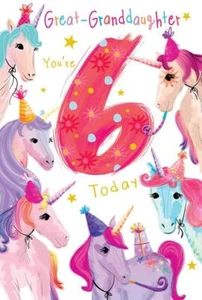 Gran Nieta 6 Cumpleaños Tarjeta Edad 6 Unicornios Inserto Impreso Verso Encantador - Imagen 1 de 2