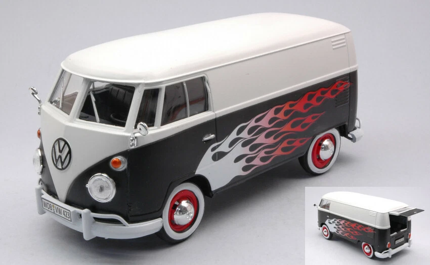 Volkswagen VW Type 2 (t1) Delivery Van White/black W/flames 1:24 Model MOTORMAX - Immagine 1 di 1