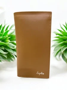 Personalized Tan Leather Wallet RFID Blocking Slim Bifold – Custom Name Engraved - Picture 1 of 4