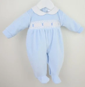 Spanish Baby Boy clothes blue bunny velour smocked sleepsuit baby grow outfit - Picture 1 of 6