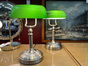 Pair of Art Deco Style Bankers Lamps with Green Glass Shades - Picture 1 of 8