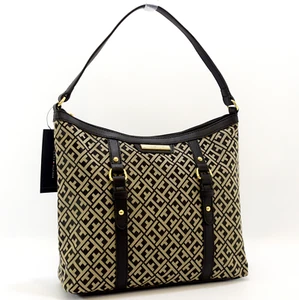 TOMMY HILFIGER AUTHENTIC BLACK/BEIGE SIGNATURE HOBO BAG HANDBAG PURSE NWT - Picture 1 of 7