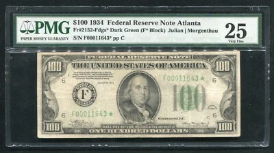 FR. 2152-Fdgs* 1934 $100 *STAR* FRN FEDERAL RESERVE NOTE ATLANTA, GA PMG VF-25 - Image 1 of 2