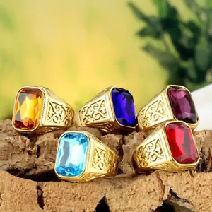 Men Promise Ring Stainless Steel Vintage Wedding Big Stone Cocktail Party Gift - Picture 1 of 32