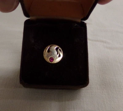 Round With Flames Vintage Signed 10K Hat Or Lapel Pin with Red Stone ~ Ruby? - Image 1 of 4