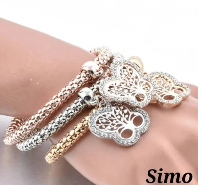 BRACCIALE DONNA ORO ARGENTO ROSA ELASTICO FARFALLA ZIRCONI  BUTTERFLY PENDENTE - Immagine 1 di 3