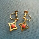 Vintage 9ct Yellow Gold & CORAL Drop Dangly Earrings  -  Screw Backs 