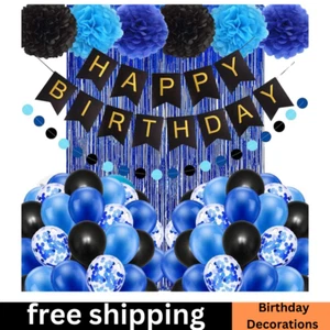 Blue and Black Happy Birthday Decorations for Boys Men, Navy Blue Birthday Birth - Picture 1 of 9
