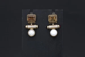 Gemstone Citrine, Red Garnet And Pearls On Sterling Dangle Earrings, Jewelry Art - Picture 1 of 8
