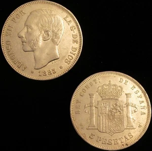 SPANIEN, 334-ALFONSO XII, 5 PESETEN 1885*18-85, MADRID MS M, GXF. - Bild 1 von 4