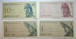 1964, 1,5 & 10, Sen Indonesia Lot of 4 UNC / or High Grade Value Banknotes-8 - Picture 1 of 7