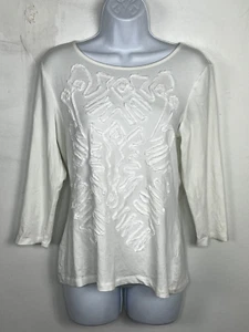 Cable & Gauge Petite Womens Top Sz L White Ruffle Front Long Sleeve T Shirt - Picture 1 of 11