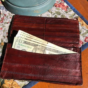Billetera plegable vintage genuina piel de anguila chequera porta tarjetas de crédito 7" Corea - Imagen 1 de 9