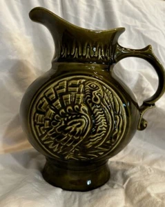 Vintage McCoy Embossed Pottery MCM Avocado Green Turkey Pitcher 1968 9.5" tall - Picture 1 of 6