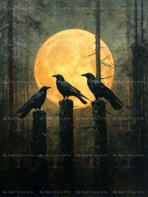 IMPRESIÓN ARTÍSTICA LUNA DE CUERVO, decoración de animales de pájaro, póster de cuervo, cottagecore gótico F830 Foto 1 de 2