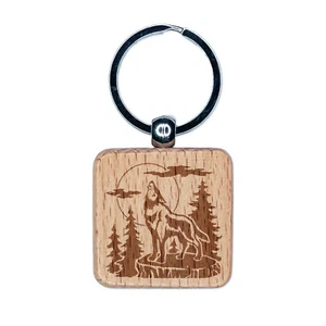 Wild Wolf Howling At the Moon in Forest Engraved Wood Square Keychain Tag Charm - Picture 1 of 6