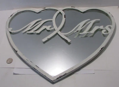 MR. & MRS. Heart-Shaped Mirror 18" W White Painted Metal Frame Rustic Distressed - Image 1 of 4