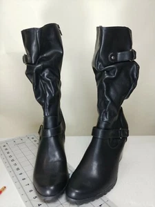 APT 9 Womens 10 Med Black Faux Leather  Mid Calf High Heel Zip Boots Buckle - Picture 1 of 10