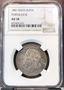 1881 INDIA SILVER 1 RUPIA PORTUGUESE NGC AU 58 RARE HIGH GRADE - Picture 1 of 3